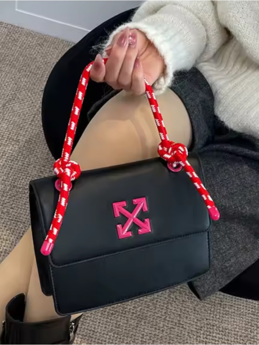 Kohl's Black Shoulder Bag with Pink Logo and Red Rope Strap